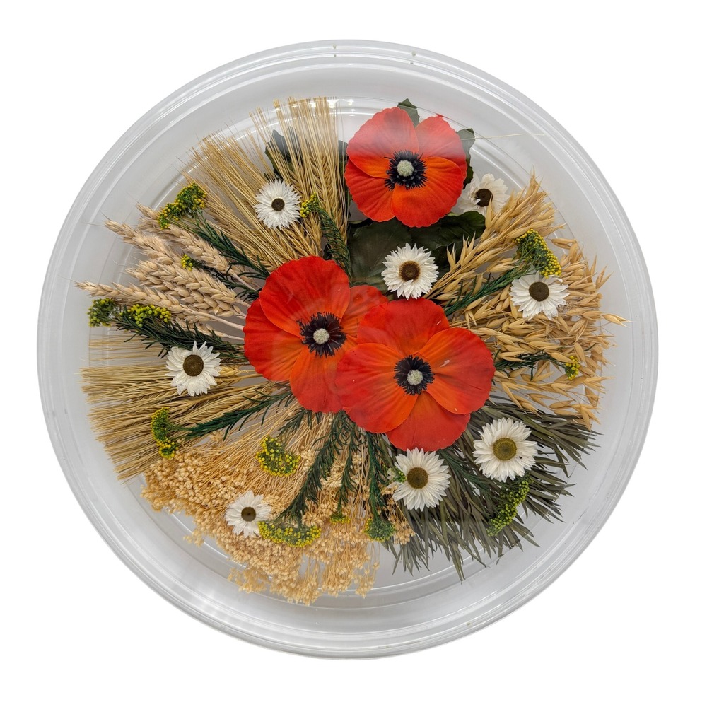 Alpac Dried Flower Red Poppy round serving tray Wheat Acrylic Bubble Dome clear
